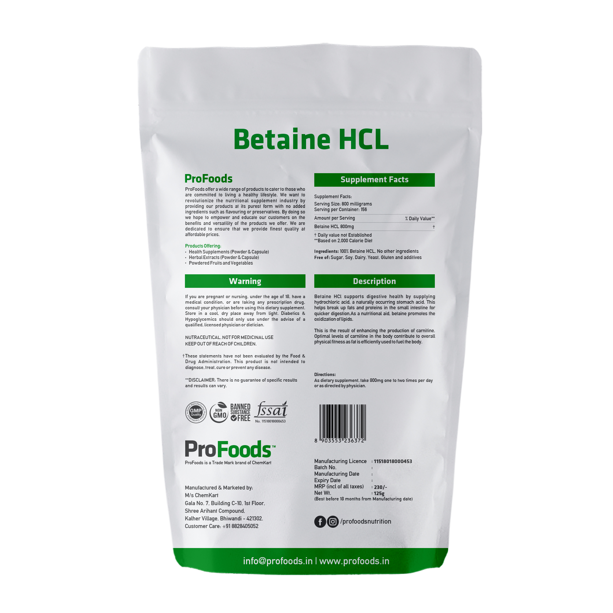 Buy Betaine Hydrochloride HCL Powder & Supplements | India