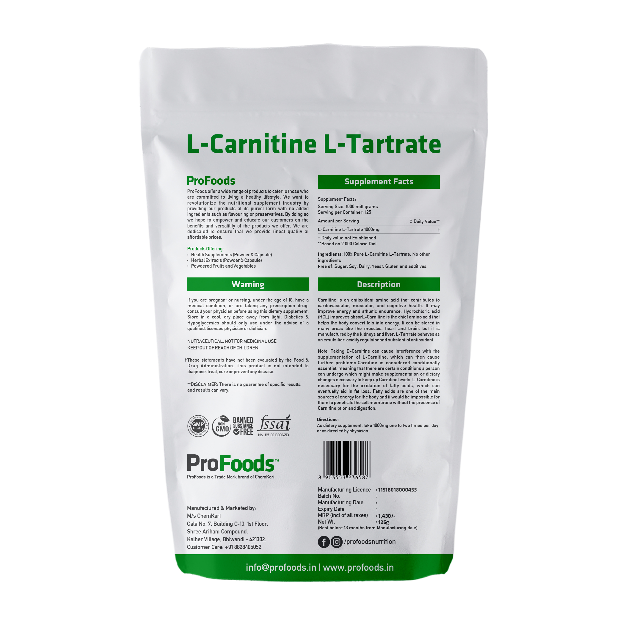 Buy LCarnitine LTartrate Powder ProFoods India